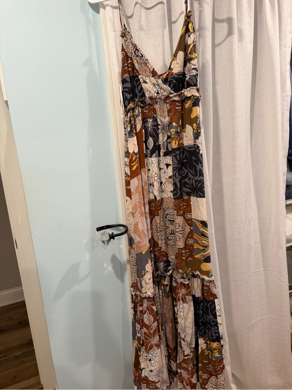 miami Boho Floral Patchwork Maxi Dress in Brown & Black